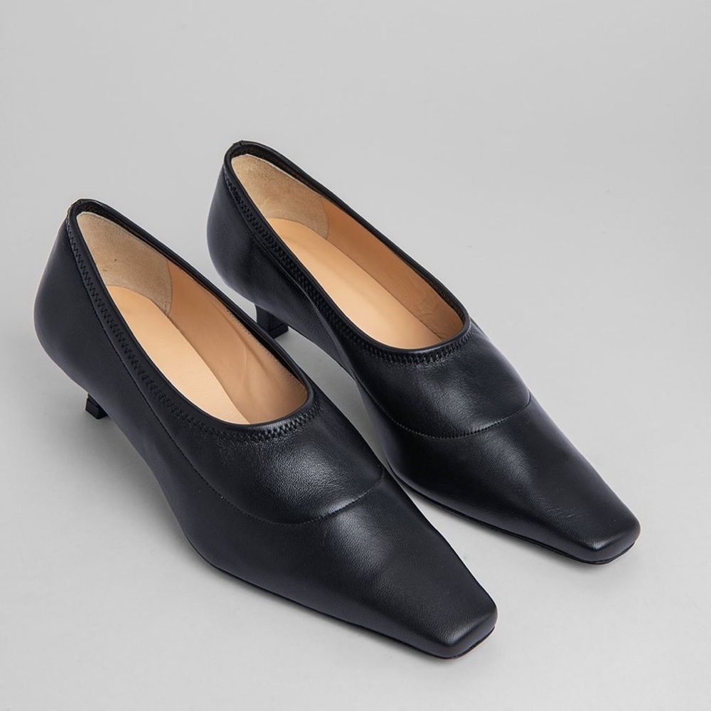 NWT By Far Harper black stretch leather kitten heels pumps